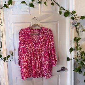 Lilly Pulitzer Sailors Valentine Pink Patterned V-Neck Tunic Top